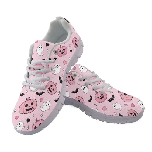 Coloranimal Halloween-Schuhe für Damen, Schnürschuhe, Wanderschuhe, bequeme Halloween-Thema, Fitness-Turnschuhe mit rutschfester Sohle, Pink Pumpkin Ghost Bat, 39 EU von Coloranimal
