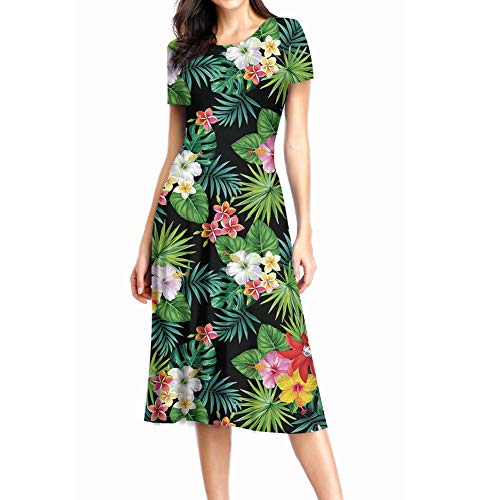 Coloranimal Hawaiianisches Flare Swing Midi Kleid für Frauen Hibiskusblume tropische Palme Lange Maxikleider S-2XL Gr. Medium, Tropische Palme Blume 11 von Coloranimal