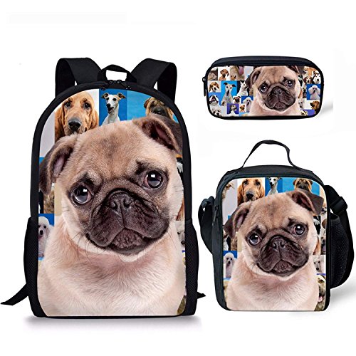 Coloranimal K-CC237C+G+K8, Unisex Kinder Schulranzen Pug Dog Backpack+Lunch Bag+Pencil Case Einheitsgröße von Coloranimal