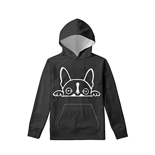 Coloranimal Kinder-Kapuzen-Sweatshirt, langärmelig, Sport-Pullover mit großer Tasche, lässiges Oberteil, Outwear-S/M/L/XL, Schwarze Boston Terrier Hunde, 36 von Coloranimal