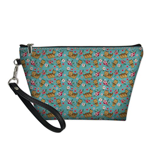 Coloranimal Kosmetiktasche für Damen, Motiv: Yorkshire Terrier, PU-Leder, trapezförmig, Yorkshire Terrier Blume, 21.5cm(L)x14.5cm(H)x6.5cm(W), Kosmetiktasche von Coloranimal