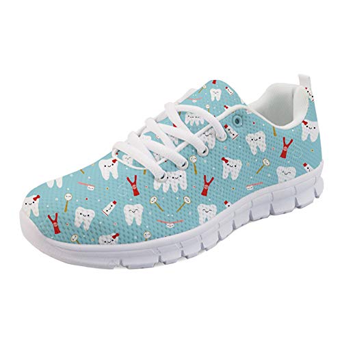 Coloranimal Road Running Sneakers für Frauen Mädchen Gut belüftete Wohnungen Green Cartoon Zahnarzt Muster rutschfeste Go Easy Walking Wohnungen Casual DailyShoes Tennisschuhe EU Größe 39 von Coloranimal