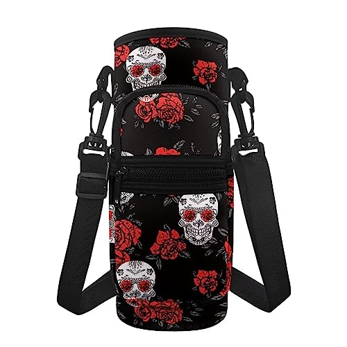 Coloranimal Rote Rose Totenkopf Flasche Tragetasche Skelett Wasserflasche Halter Tasche für Damen Herren Isolierte Flasche Sling Bag Crossbody Geldbörse von Coloranimal