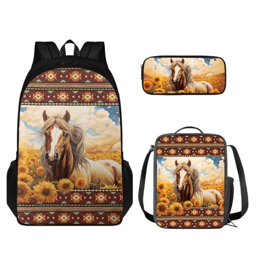 Coloranimal Schulrucksack-Set für Kinder, Schultertasche, Büchertasche mit isolierter Lunchbox, Federmäppchen, 3-in-1, Aztekisches Westernpferd, Schulranzen-Set von Coloranimal