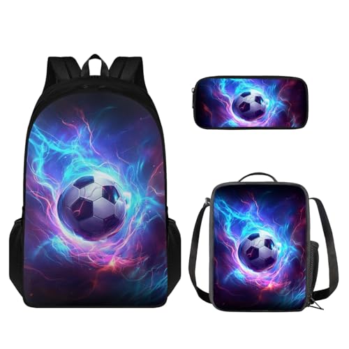 Coloranimal Schulrucksack-Set für Kinder, Schultertasche, Büchertasche mit isolierter Lunchbox, Federmäppchen, 3-in-1, Beleuchtung Fußball, Schulranzen-Set von Coloranimal