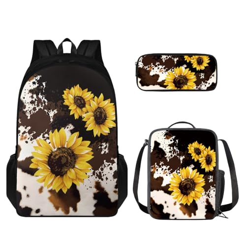 Coloranimal Schulrucksack-Set für Kinder, Schultertasche, Büchertasche mit isolierter Lunchbox, Federmäppchen, 3-in-1, Kuh Sonnenblume, Schulranzen-Set von Coloranimal