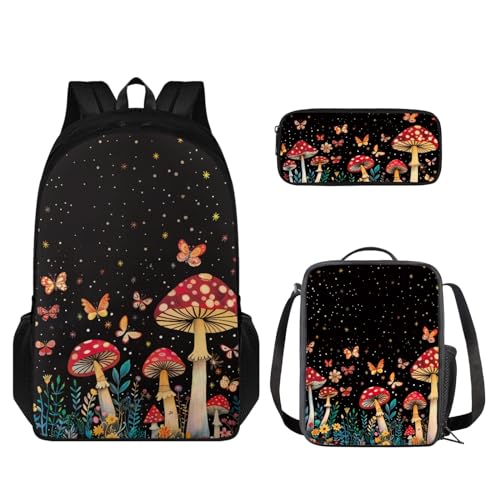 Coloranimal Schulrucksack-Set für Kinder, Schultertasche, Büchertasche mit isolierter Lunchbox, Federmäppchen, 3-in-1, Schmetterlingspilz, Schulranzen-Set von Coloranimal