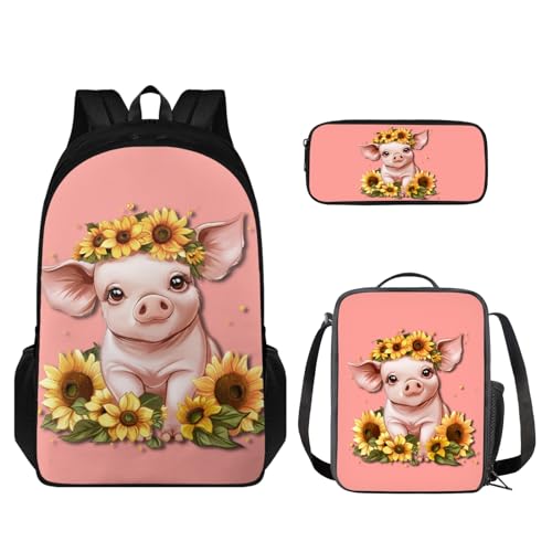 Coloranimal Schulrucksack-Set für Kinder, Schultertasche, Büchertasche mit isolierter Lunchbox, Federmäppchen, 3-in-1, Sonnenblumen-Schwein, Schulranzen-Set von Coloranimal