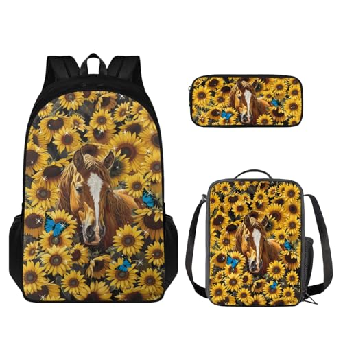 Coloranimal Schulrucksack-Set für Kinder, Schultertasche, Büchertasche mit isolierter Lunchbox, Federmäppchen, 3-in-1, Sonnenblumenpferd, Schulranzen-Set von Coloranimal