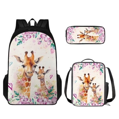 Coloranimal Schulrucksack-Set für Kinder, Schultertasche, Büchertasche mit isolierter Lunchbox, Federmäppchen, 3-in-1, giraffe, Schulranzen-Set von Coloranimal