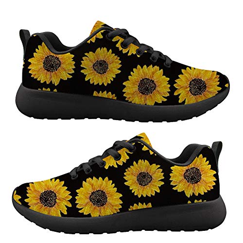 Coloranimal Schwarze Freizeit-Sneakers, Althletik-Sport-Laufschuhe, Damen, Mädchen, Geschenk, Sonnenblume, Blume, Go Easy Road Walking Flats Air Mesh Schuhe, - Sonnenblume Blume 01 - Größe: 40 EU von Coloranimal