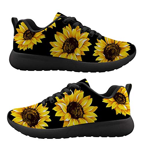 Coloranimal Schwarze Freizeit-Sneakers, Althletik-Sport-Laufschuhe, Damen, Mädchen, Geschenk, Sonnenblume, Blume, Go Easy Road Walking Flats Air Mesh Schuhe, - Sonnenblume Blume 02 - Größe: 39 EU von Coloranimal