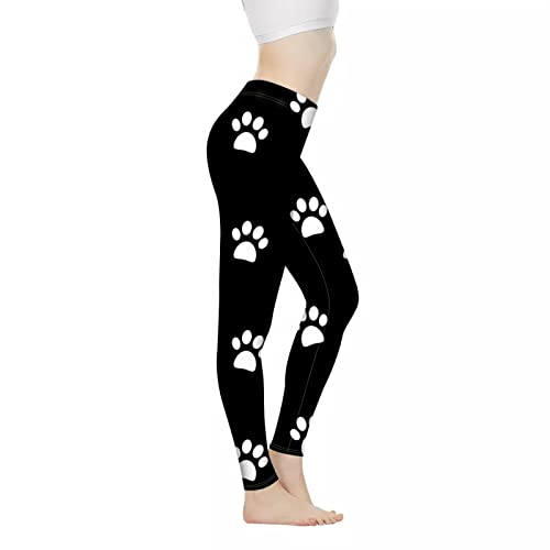 Coloranimal Sonnenblumen-Yogahose für Damen, dehnbar, hohe Taille, lustige Workout-Leggings, volle Länge (XS-3XL), Hundepfotenabdruck, Schwarz, S von Coloranimal