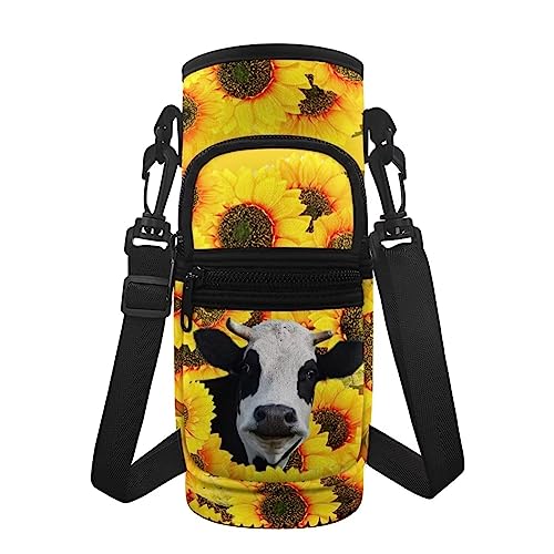 Coloranimal Sunflower Kuh Wasserflaschenhülle schmutzabweisend Crossbody Flaschenhalter Tasche Tragetasche Tragetasche für Mädchen Frauen Outdoor Sport von Coloranimal