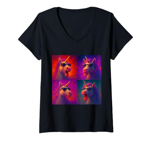 Damen Bunte Lustige Einhörner Tragen Sonnenbrillenkunst T-Shirt mit V-Ausschnitt Damen Bunte Lustige Einhörner Tragen Sonnenbrillenkunst T-Shirt mit V-Ausschnitt von Colorful 4 Photos Animals