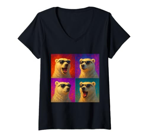 Damen Kühle Eisbär Sonnenbrille Kunst Farbenfroher Hintergrund T-Shirt mit V-Ausschnitt von Colorful 4 Photos Animals