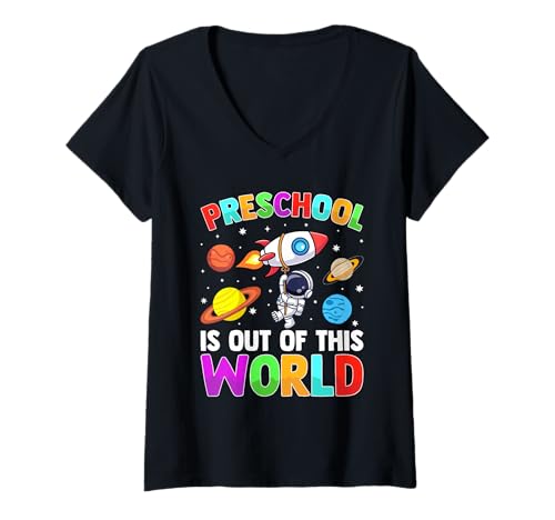 Damen Niedliche Vorschulwelt Zurück zur Schule T-Shirt mit V-Ausschnitt Damen Niedliche Vorschulwelt Zurück zur Schule T-Shirt mit V-Ausschnitt von Colorful Adventures