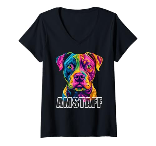 Damen American Staffordshire Terrier Buntes Amstaff Gesicht Schwarz T-Shirt mit V-Ausschnitt Damen American Staffordshire Terrier Buntes Amstaff Gesicht Schwarz T-Shirt mit V-Ausschnitt von Colorful American Staffordshire Terrier Amstaff