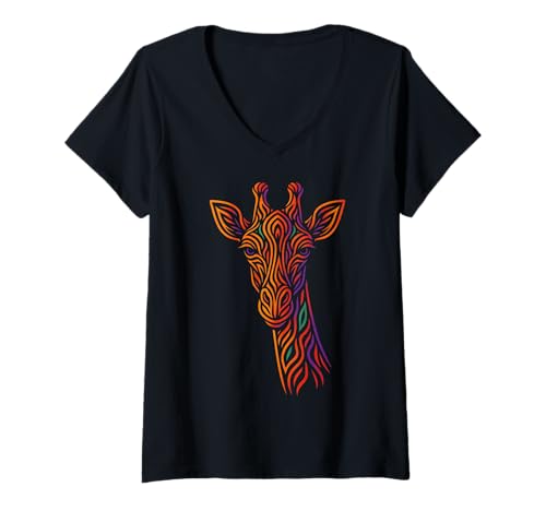 Damen Buntes Abstraktes Giraffe -Kunstwerk T-Shirt mit V-Ausschnitt Damen Buntes Abstraktes Giraffe -Kunstwerk T-Shirt mit V-Ausschnitt von Colorful Animal Spirit Tribal Designs