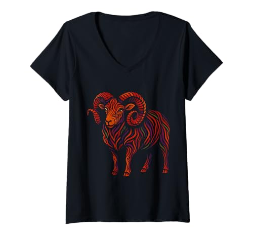 Damen Buntes Abstraktes Ram -Kunstwerk T-Shirt mit V-Ausschnitt Damen Buntes Abstraktes Ram -Kunstwerk T-Shirt mit V-Ausschnitt von Colorful Animal Spirit Tribal Designs