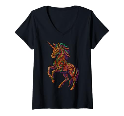 Damen Farbenfrohe Spiral -Einhorn -Kunstwerke T-Shirt mit V-Ausschnitt Damen Farbenfrohe Spiral -Einhorn -Kunstwerke T-Shirt mit V-Ausschnitt von Colorful Animal Spirit Tribal Designs
