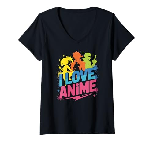 Damen I Love Anime Vibrant Silhouetten Passion T-Shirt mit V-Ausschnitt Damen I Love Anime Vibrant Silhouetten Passion T-Shirt mit V-Ausschnitt von Colorful Anime Enthusiast Characters Celebration