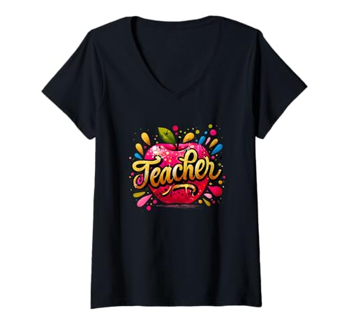 Damen Apple-Kunst-Design für Lehrer T-Shirt mit V-Ausschnitt Damen Apple-Kunst-Design für Lehrer T-Shirt mit V-Ausschnitt von Colorful Apple Teacher Appreciation