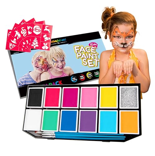 Kinderschminke für empfindliche Haut - Gesichtsmalfarbe Set mit 12 Farben - 3 Pinsel, 30 Schablonen - extra leicht abwaschbar - Fasching Schmink Set - ungiftige Gesichtsfarbe für Kinder von Colorful Art Co.