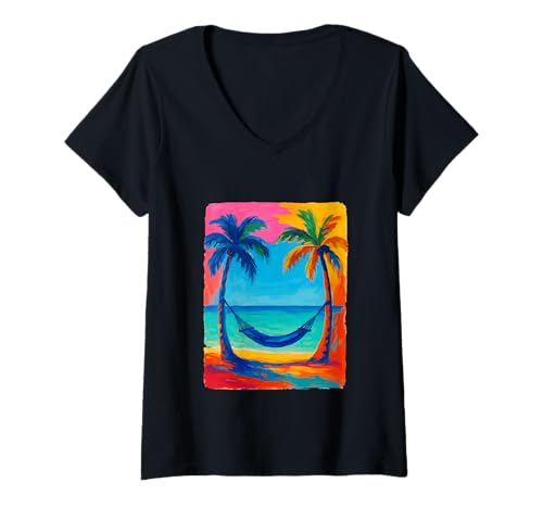 Damen Bunte Hängematte Palmen Strand Ozean Lebendiges Meer Küste T-Shirt mit V-Ausschnitt von Colorful Artistic Painting Gifts
