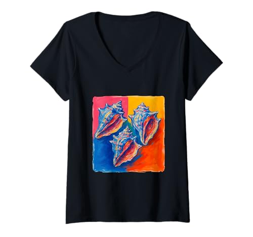 Damen Bunte Muscheln Strand Meer Ozean Küste Sommer Kunst T-Shirt mit V-Ausschnitt von Colorful Artistic Painting Gifts
