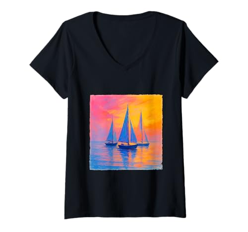 Damen Bunte Segelboote Sonnenuntergang Strand Ozean Lebendiges Meer Küste T-Shirt mit V-Ausschnitt von Colorful Artistic Painting Gifts