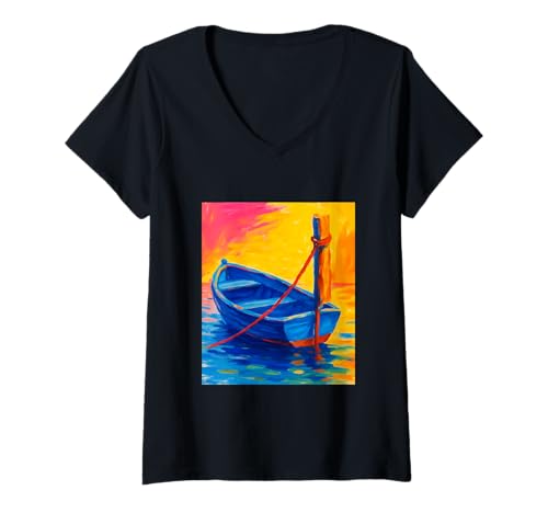 Damen Buntes Boot Sonnenuntergang Strand Ozean Lebendiges Meer Küste Sommer T-Shirt mit V-Ausschnitt von Colorful Artistic Painting Gifts