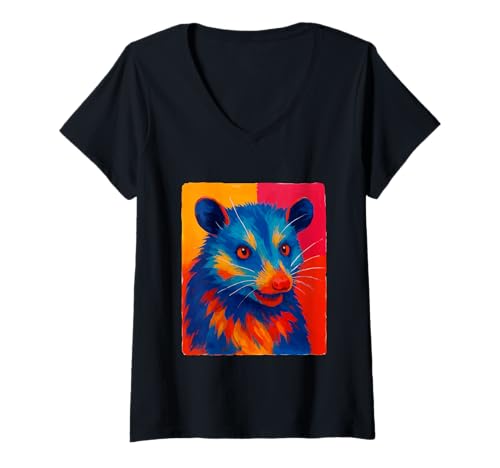 Damen Buntes Opossum Tier Kunst Opossum Motiv Ästhetische Malerei T-Shirt mit V-Ausschnitt von Colorful Artistic Painting Gifts