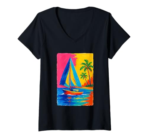 Damen Buntes Segelboot Sonnenuntergang Strand Ozean Lebendiges Meer Küste T-Shirt mit V-Ausschnitt von Colorful Artistic Painting Gifts