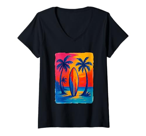 Damen Buntes Surfbrett Sonnenuntergang Strand Ozean Lebendiges Meer Küste T-Shirt mit V-Ausschnitt von Colorful Artistic Painting Gifts