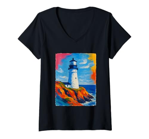 Damen Farbenfroher Leuchtturm Sonnenuntergang Strand Ozean Lebendiges Meer Küste T-Shirt mit V-Ausschnitt von Colorful Artistic Painting Gifts