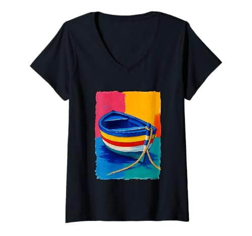 Damen Farbenfrohes Boot Strand Sonnenuntergang Ozean Lebendiges Meer Küste Sommer T-Shirt mit V-Ausschnitt von Colorful Artistic Painting Gifts