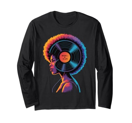 Afro Woman Kopfhörer Vibrant Music Wave Portrait Damen Herren Langarmshirt von Colorful Audio Culture Art Black Girl Rhythm Love