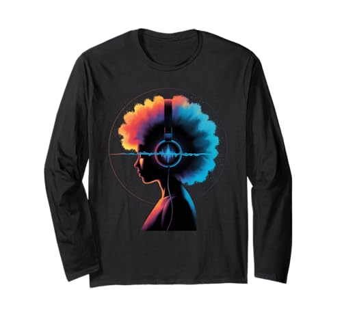 Afro Woman Kopfhörer Vibrant Music Wave Portrait Damen Herren Langarmshirt von Colorful Audio Culture Art Black Girl Rhythm Love