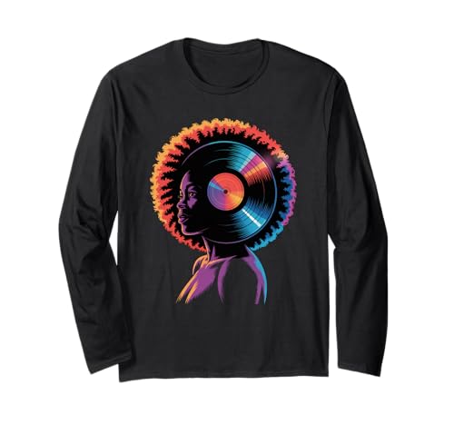 Afro Woman Kopfhörer Vibrant Music Wave Portrait Damen Herren Langarmshirt von Colorful Audio Culture Art Black Girl Rhythm Love