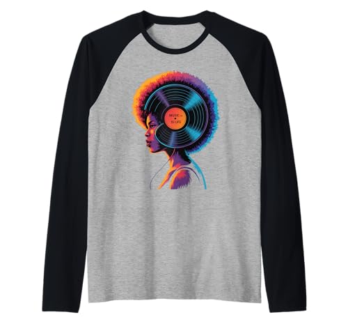 Afro Woman Kopfhörer Vibrant Music Wave Portrait Damen Herren Raglan von Colorful Audio Culture Art Black Girl Rhythm Love
