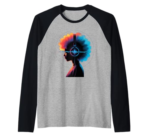 Afro Woman Kopfhörer Vibrant Music Wave Portrait Damen Herren Raglan von Colorful Audio Culture Art Black Girl Rhythm Love