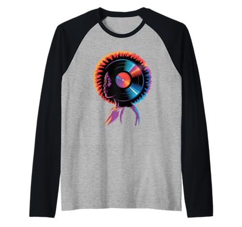 Afro Woman Kopfhörer Vibrant Music Wave Portrait Damen Herren Raglan von Colorful Audio Culture Art Black Girl Rhythm Love