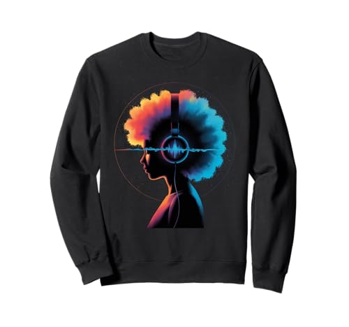 Afro Woman Kopfhörer Vibrant Music Wave Portrait Damen Herren Sweatshirt von Colorful Audio Culture Art Black Girl Rhythm Love