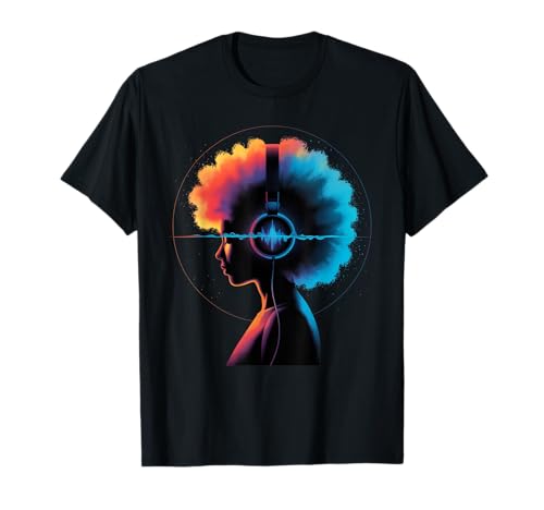 Afro Woman Kopfhörer Vibrant Music Wave Portrait Damen Herren T-Shirt von Colorful Audio Culture Art Black Girl Rhythm Love