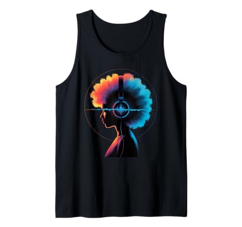 Afro Woman Kopfhörer Vibrant Music Wave Portrait Damen Herren Tank Top von Colorful Audio Culture Art Black Girl Rhythm Love