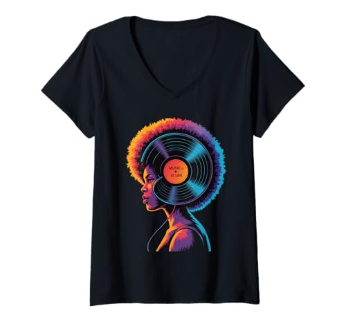 Damen Afro Woman Kopfhörer Vibrant Music Wave Portrait Damen Herren T-Shirt mit V-Ausschnitt von Colorful Audio Culture Art Black Girl Rhythm Love
