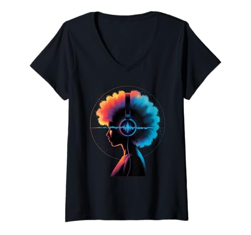 Damen Afro Woman Kopfhörer Vibrant Music Wave Portrait Damen Herren T-Shirt mit V-Ausschnitt von Colorful Audio Culture Art Black Girl Rhythm Love