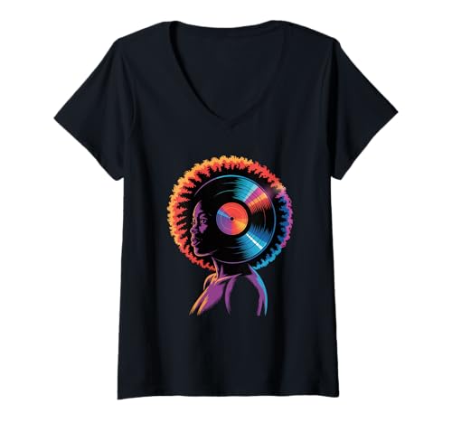 Damen Afro Woman Kopfhörer Vibrant Music Wave Portrait Damen Herren T-Shirt mit V-Ausschnitt von Colorful Audio Culture Art Black Girl Rhythm Love