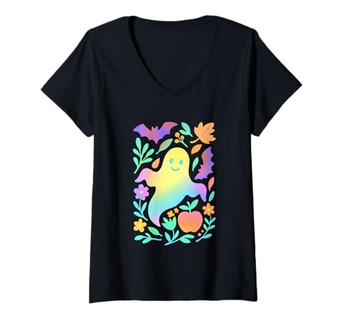 Damen Regenbogen-Geist mit Herbstblättern und Fledermäusen T-Shirt mit V-Ausschnitt Damen Regenbogen-Geist mit Herbstblättern und Fledermäusen T-Shirt mit V-Ausschnitt von Colorful Autumn Ghost Halloween Festive Joy